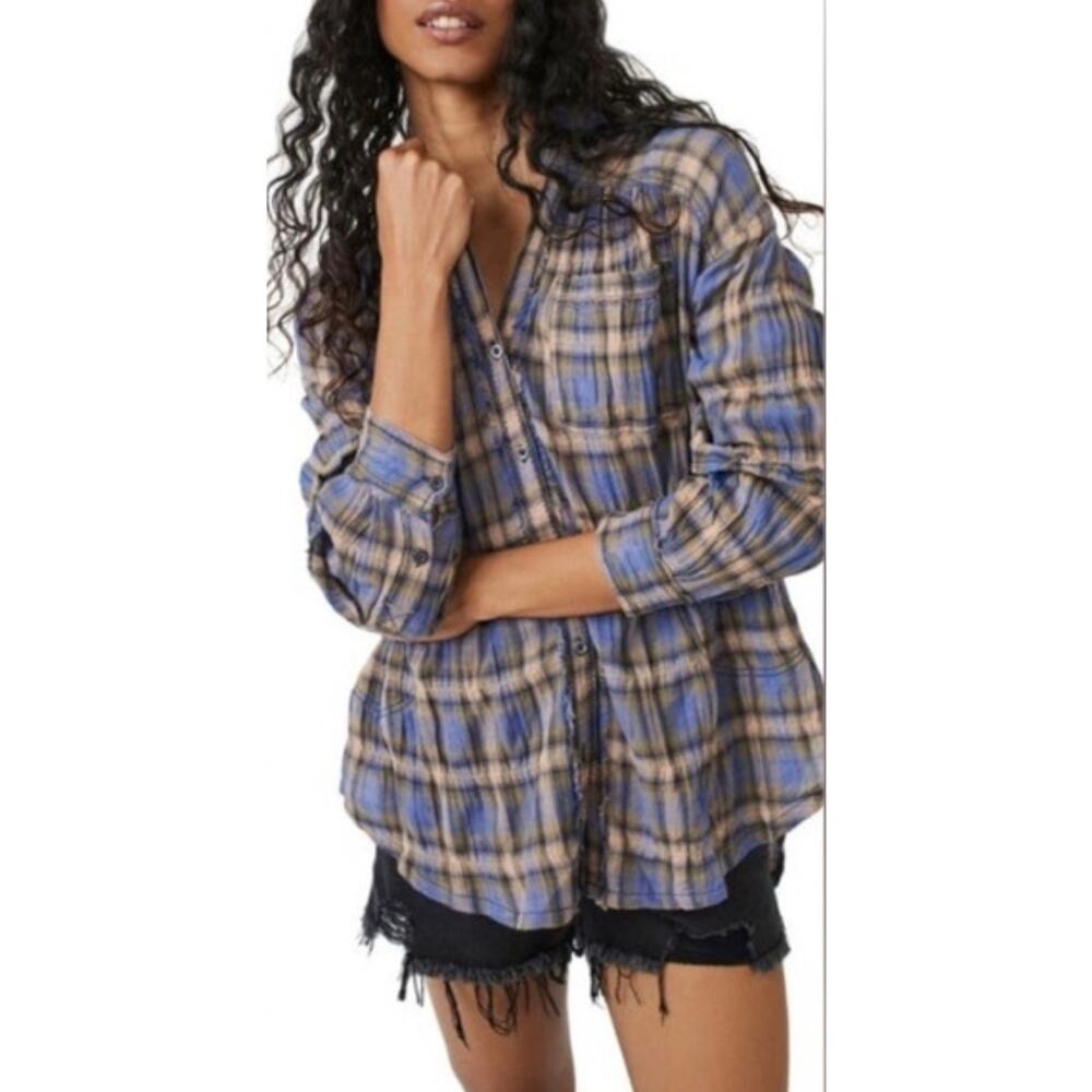 Free People One of the Boys Plaid Tunic Shirt Blue Beige Small Boho Oversized